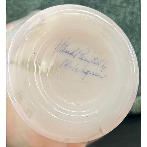 Fenton Vase Iridescent Pink Opaque Ruffled Rim Hand Painted M Wagner Signed - Picture 7 of 8